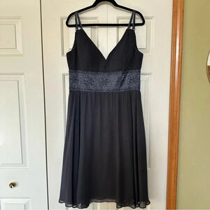 R & M Richards V Neck Beaded Waistband Chiffon Midi Dress